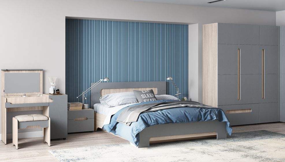 Спальный Гарнитур Палермо №3 Разные Цвета (Шкаф+Кровать+Туалетный Стол+Прикроватные Тумбы+Пуф)