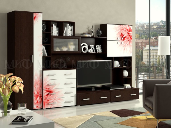 Гостиная Сицилия МДФ (Ш -3200 × В -2070 × Г-570 мм)/Венге + Белый Фотопечать на Выбор