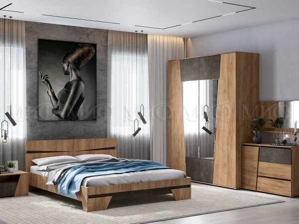 Спальный Гарнитур Портофино (Шкаф+Тумбы+Кровать+Комод)/ Дуб Крафт/Бетон