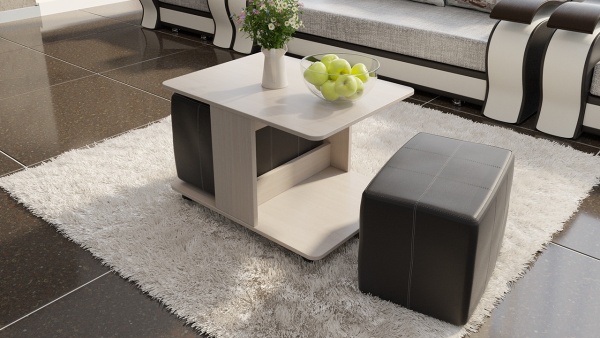 Стол Журнальный с Пуфиками «Капри» Стол Журнальный с Пуфиками «Капри» Дуб Белфорт/Кож.зам Коричневый/Ш-600× Д-800 × В-500 мм